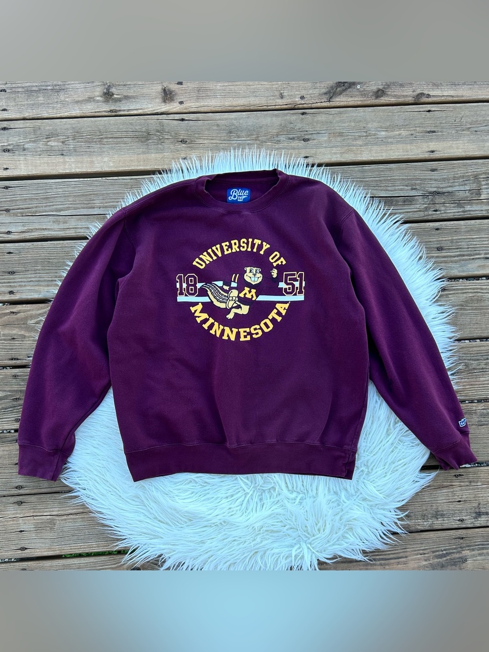 Blue 84  University of Minnesota Crewneck(Unisex)Sweatshirt w/ Yellow Graphic